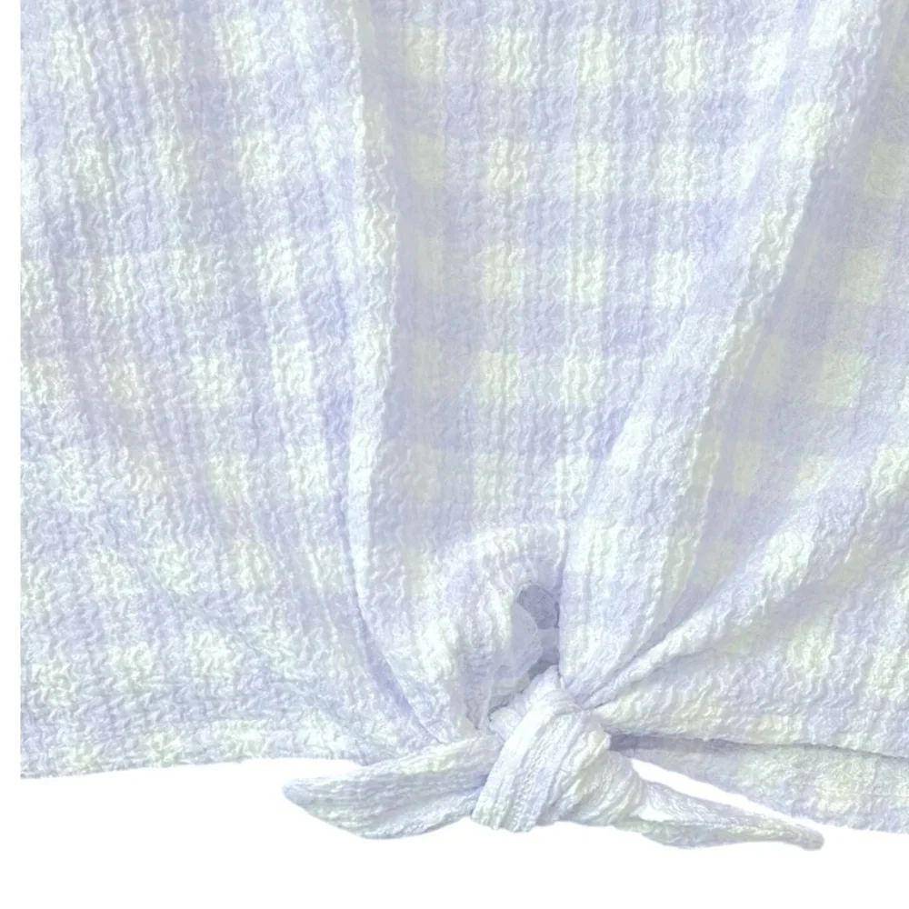 Loft Gingham Square Neck Tie Front Puff Sleeve Lilac White Top XS